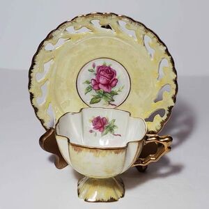 Yellow Teacup and Saucer Pink Roses Opalescent Vintage